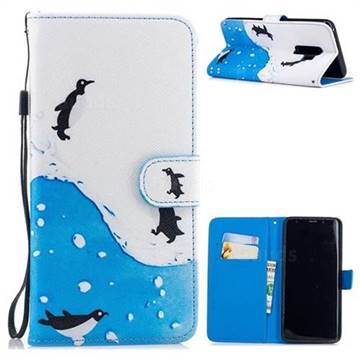 Sea Penguin Painting Leather Wallet Phone Case for Samsung Galaxy S9 Plus(S9+)