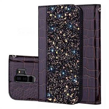 Shiny Crocodile Pattern Stitching Magnetic Closure Flip Holster Shockproof Phone Cases for Samsung Galaxy S9 Plus(S9+) - Black Brown