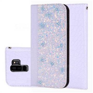 Shiny Crocodile Pattern Stitching Magnetic Closure Flip Holster Shockproof Phone Cases for Samsung Galaxy S9 Plus(S9+) - White Silver