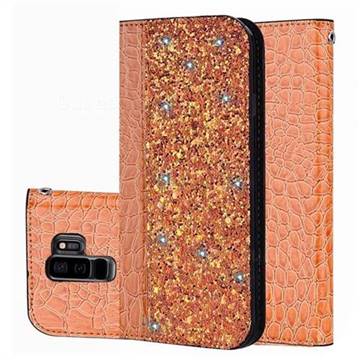 Shiny Crocodile Pattern Stitching Magnetic Closure Flip Holster Shockproof Phone Cases for Samsung Galaxy S9 Plus(S9+) - Gold Orange