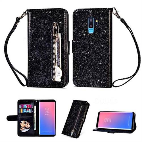Glitter Shine Leather Zipper Wallet Phone Case for Samsung Galaxy S9 Plus(S9+) - Black