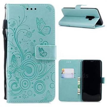Intricate Embossing Butterfly Circle Leather Wallet Case for Samsung Galaxy S9 Plus(S9+) - Cyan