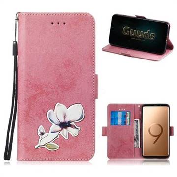 Retro Leather Phone Wallet Case with Aluminum Alloy Patch for Samsung Galaxy S9 Plus(S9+) - Pink