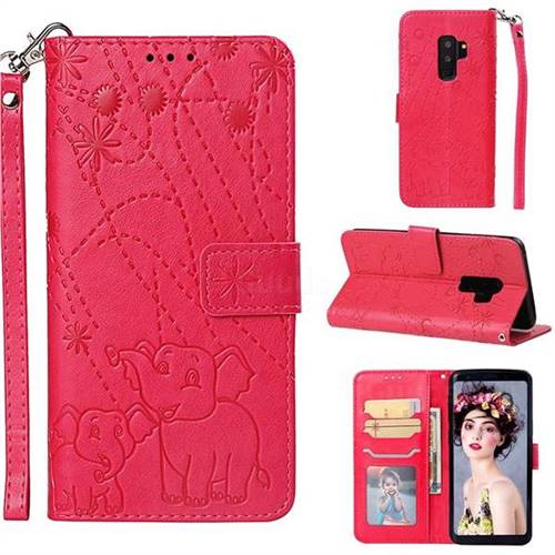Embossing Fireworks Elephant Leather Wallet Case for Samsung Galaxy S9 Plus(S9+) - Red