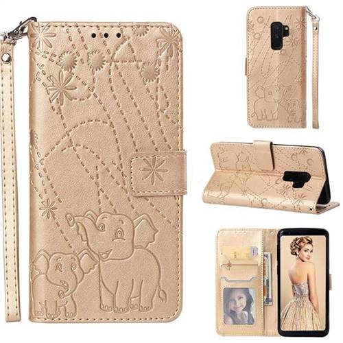 Embossing Fireworks Elephant Leather Wallet Case for Samsung Galaxy S9 Plus(S9+) - Golden