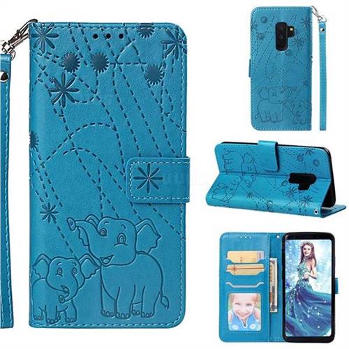 Embossing Fireworks Elephant Leather Wallet Case for Samsung Galaxy S9 Plus(S9+) - Blue