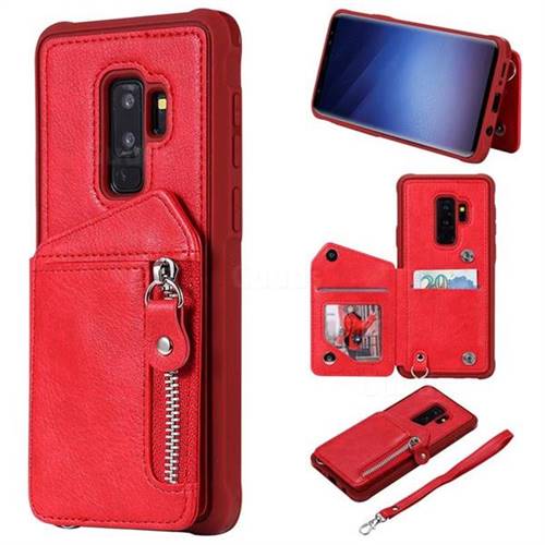 Classic Luxury Buckle Zipper Anti-fall Leather Phone Back Cover for Samsung Galaxy S9 Plus(S9+) - Red