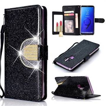 Glitter Diamond Buckle Splice Mirror Leather Wallet Phone Case for Samsung Galaxy S9 Plus(S9+) - Black