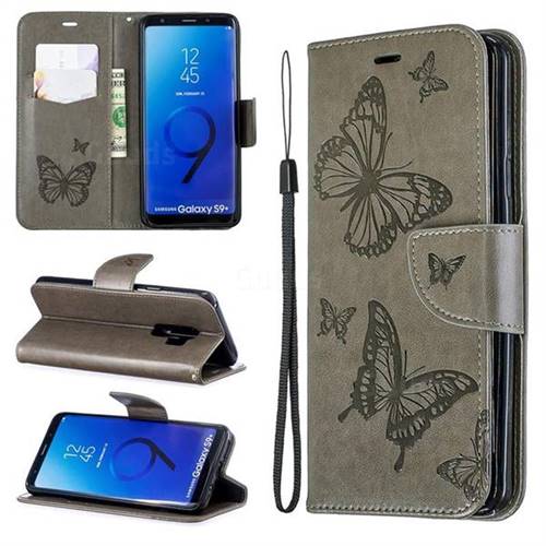 Embossing Double Butterfly Leather Wallet Case for Samsung Galaxy S9 Plus(S9+) - Gray