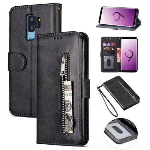 Retro Calfskin Zipper Leather Wallet Case Cover for Samsung Galaxy S9 Plus(S9+) - Black