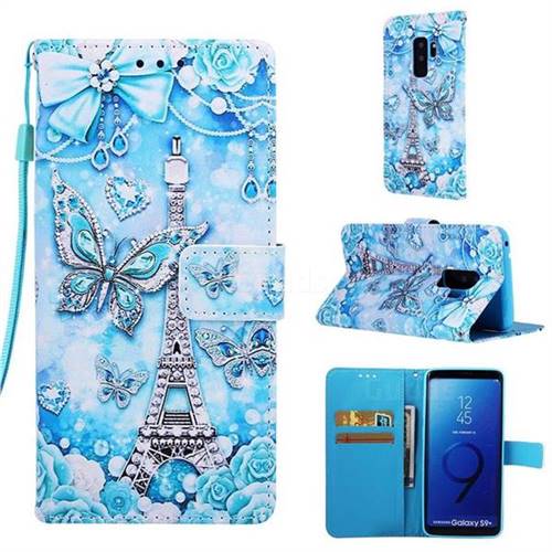 Tower Butterfly Matte Leather Wallet Phone Case for Samsung Galaxy S9 Plus(S9+)