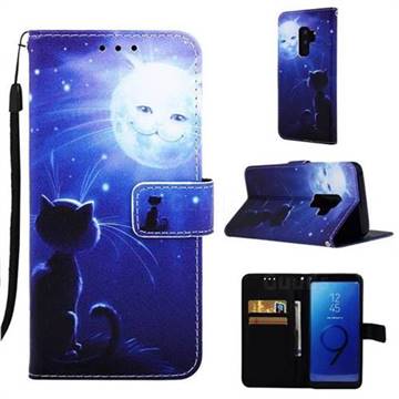 Cat and Moon Matte Leather Wallet Phone Case for Samsung Galaxy S9 Plus(S9+)