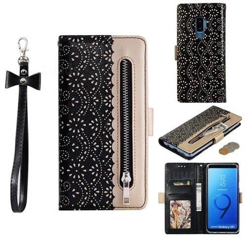 Luxury Lace Zipper Stitching Leather Phone Wallet Case for Samsung Galaxy S9 Plus(S9+) - Black