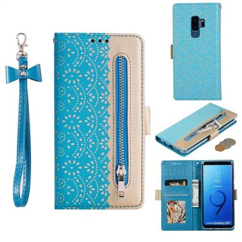 Luxury Lace Zipper Stitching Leather Phone Wallet Case for Samsung Galaxy S9 Plus(S9+) - Blue