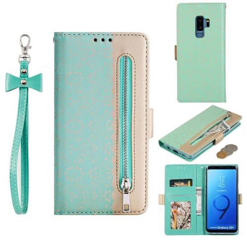 Luxury Lace Zipper Stitching Leather Phone Wallet Case for Samsung Galaxy S9 Plus(S9+) - Green