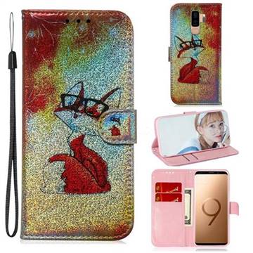 Glasses Fox Laser Shining Leather Wallet Phone Case for Samsung Galaxy S9 Plus(S9+)