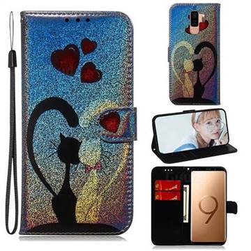 Love Cat Laser Shining Leather Wallet Phone Case for Samsung Galaxy S9 Plus(S9+)