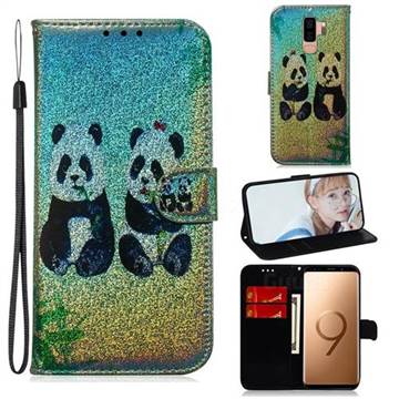 Two Pandas Laser Shining Leather Wallet Phone Case for Samsung Galaxy S9 Plus(S9+)