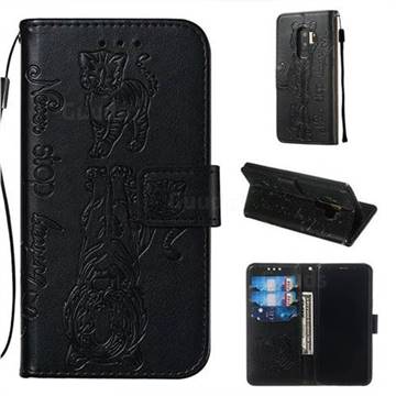 Embossing Tiger and Cat Leather Wallet Case for Samsung Galaxy S9 Plus(S9+) - Black