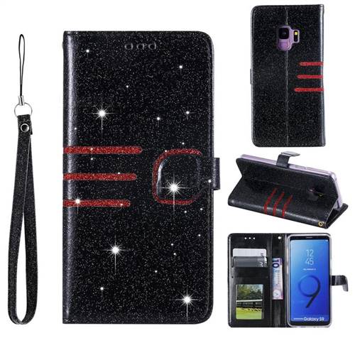 Retro Stitching Glitter Leather Wallet Phone Case for Samsung Galaxy S9 Plus(S9+) - Black