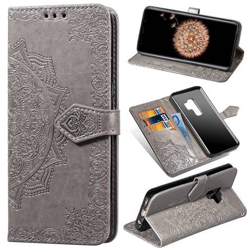 Embossing Imprint Mandala Flower Leather Wallet Case for Samsung Galaxy S9 Plus(S9+) - Gray
