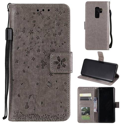 Embossing Cherry Blossom Cat Leather Wallet Case for Samsung Galaxy S9 Plus(S9+) - Gray