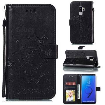 Embossing Butterfly Heart Bear Leather Wallet Case for Samsung Galaxy S9 Plus(S9+) - Black