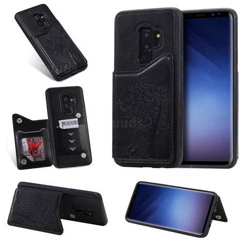 Luxury R61 Tree Cat Magnetic Stand Card Leather Phone Case for Samsung Galaxy S9 Plus(S9+) - Black