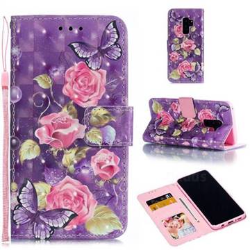 Purple Butterfly Flower 3D Painted Leather Phone Wallet Case for Samsung Galaxy S9 Plus(S9+)