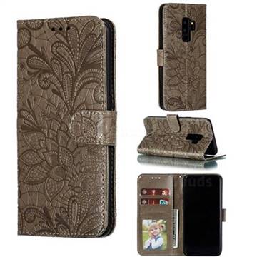 Intricate Embossing Lace Jasmine Flower Leather Wallet Case for Samsung Galaxy S9 Plus(S9+) - Gray
