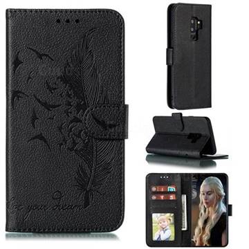 Intricate Embossing Lychee Feather Bird Leather Wallet Case for Samsung Galaxy S9 Plus(S9+) - Black