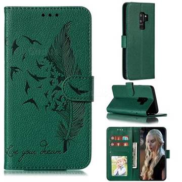Intricate Embossing Lychee Feather Bird Leather Wallet Case for Samsung Galaxy S9 Plus(S9+) - Green
