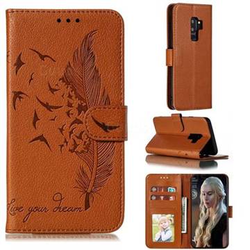 Intricate Embossing Lychee Feather Bird Leather Wallet Case for Samsung Galaxy S9 Plus(S9+) - Brown