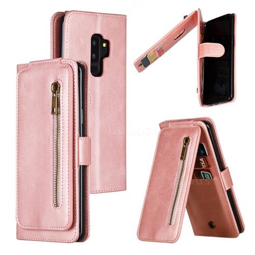 Multifunction 9 Cards Leather Zipper Wallet Phone Case for Samsung Galaxy S9 Plus(S9+) - Rose Gold