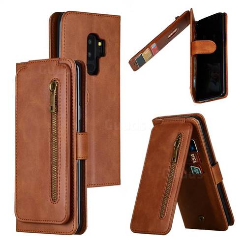 Multifunction 9 Cards Leather Zipper Wallet Phone Case for Samsung Galaxy S9 Plus(S9+) - Brown