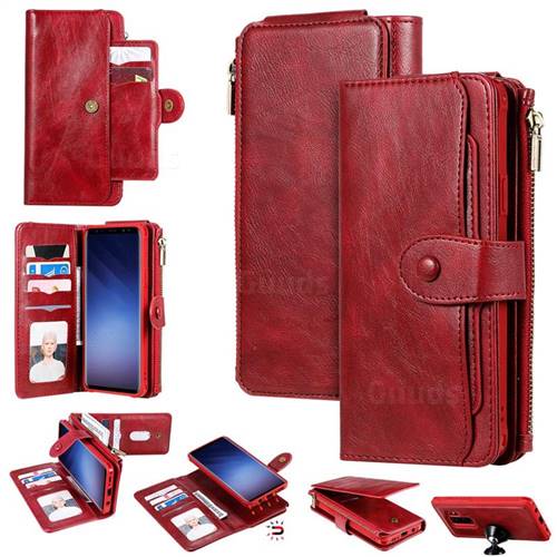Retro Multifunction Zipper Magnetic Separable Leather Phone Case Cover for Samsung Galaxy S9 Plus(S9+) - Red