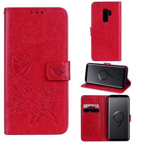 Embossing Rose Flower Leather Wallet Case for Samsung Galaxy S9 Plus(S9+) - Red