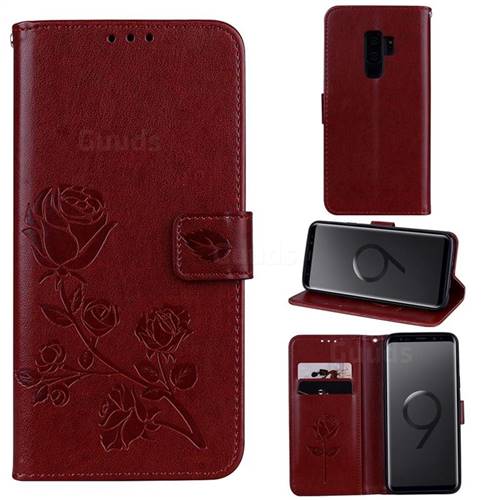 Embossing Rose Flower Leather Wallet Case for Samsung Galaxy S9 Plus(S9+) - Brown