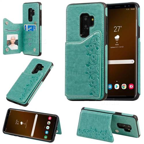 Yikatu Luxury Cute Cats Multifunction Magnetic Card Slots Stand Leather Back Cover for Samsung Galaxy Plus(S9+) - Green - Leather Case - Guuds