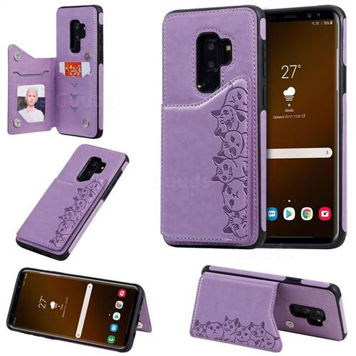 Yikatu Luxury Cute Cats Multifunction Magnetic Card Slots Stand Leather Back Cover for Samsung Galaxy S9 Plus(S9+) - Purple