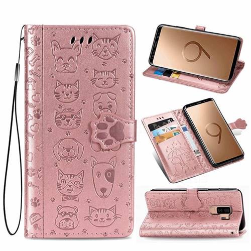 Embossing Dog Paw Kitten and Puppy Leather Wallet Case for Samsung Galaxy S9 Plus(S9+) - Rose Gold
