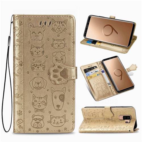 Embossing Dog Paw Kitten and Puppy Leather Wallet Case for Samsung Galaxy S9 Plus(S9+) - Champagne Gold