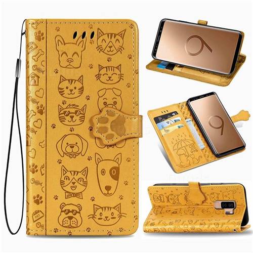 Embossing Dog Paw Kitten and Puppy Leather Wallet Case for Samsung Galaxy S9 Plus(S9+) - Yellow