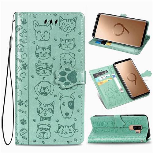 Embossing Dog Paw Kitten and Puppy Leather Wallet Case for Samsung Galaxy S9 Plus(S9+) - Green