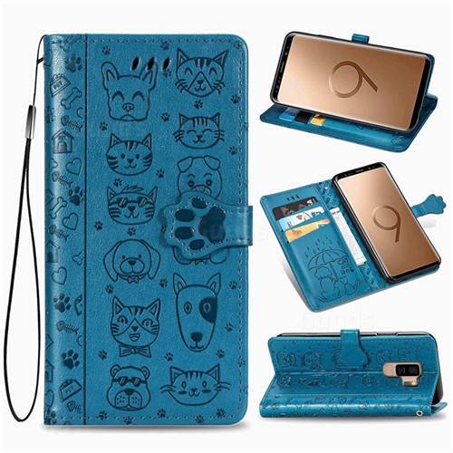Embossing Dog Paw Kitten and Puppy Leather Wallet Case for Samsung Galaxy S9 Plus(S9+) - Blue