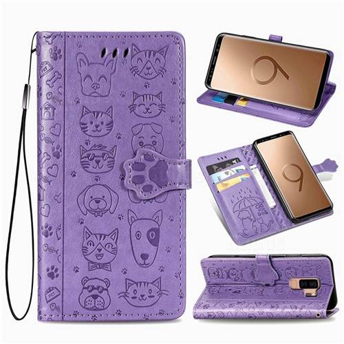 Embossing Dog Paw Kitten and Puppy Leather Wallet Case for Samsung Galaxy S9 Plus(S9+) - Purple
