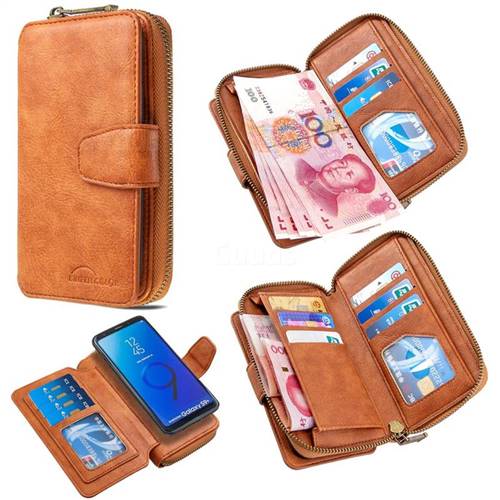 Binfen Color Retro Buckle Zipper Multifunction Leather Phone Wallet for Samsung Galaxy S9 Plus(S9+) - Brown