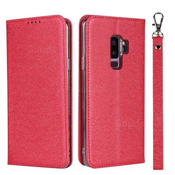 Ultra Slim Magnetic Automatic Suction Silk Lanyard Leather Flip Cover for Samsung Galaxy S9 Plus(S9+) - Red