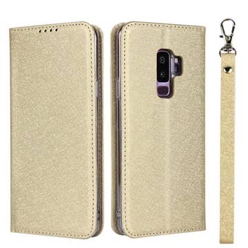 Ultra Slim Magnetic Automatic Suction Silk Lanyard Leather Flip Cover for Samsung Galaxy S9 Plus(S9+) - Golden