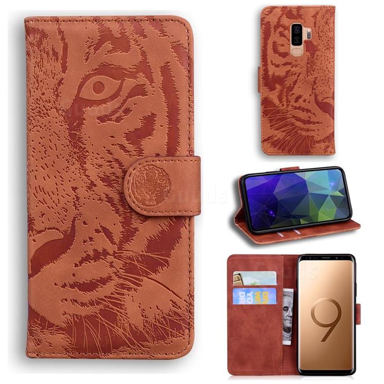 Intricate Embossing Tiger Face Leather Wallet Case for Samsung Galaxy S9 Plus(S9+) - Brown